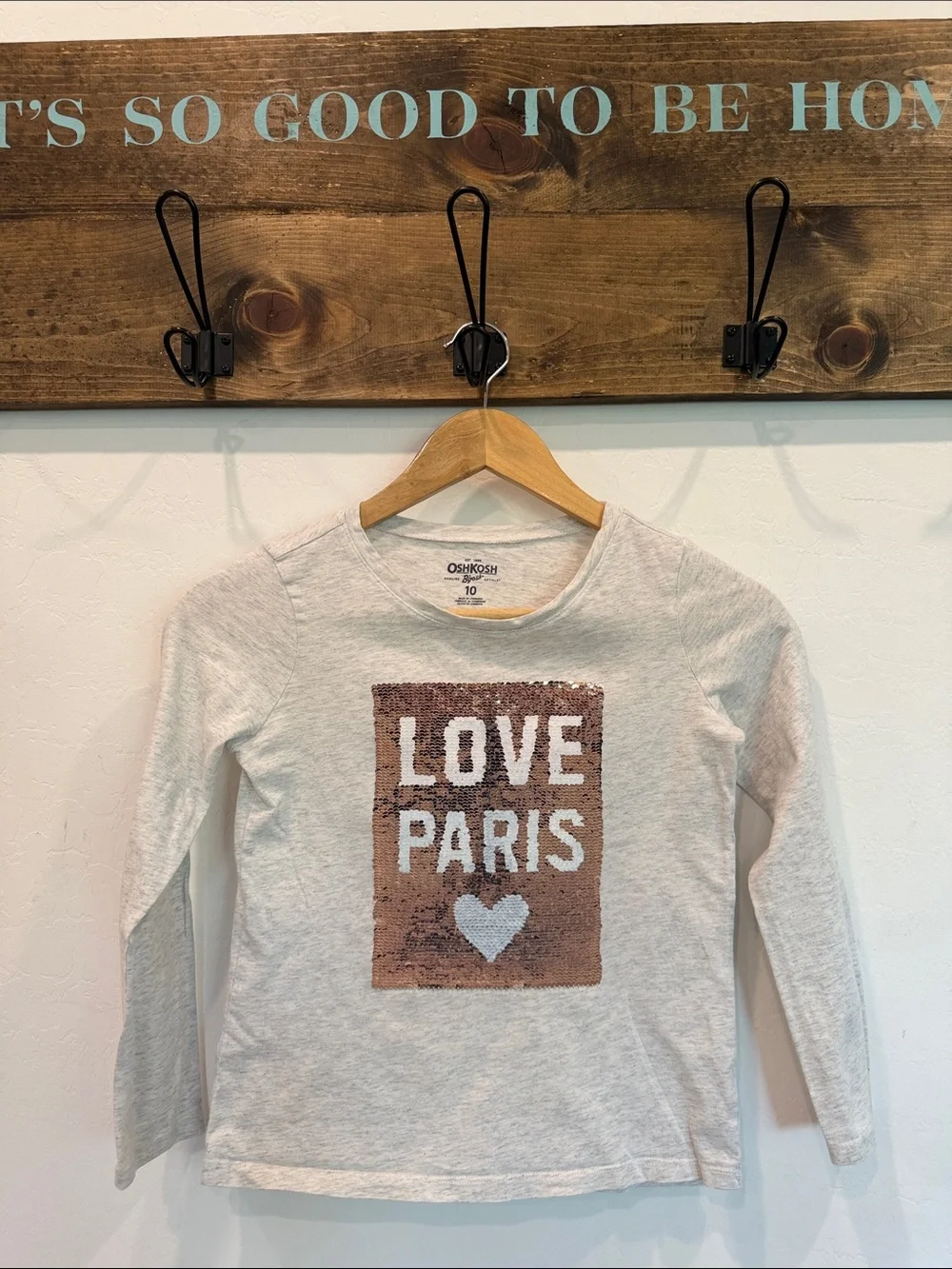 OshKosh B'gosh Light Gray Long-Sleeve Sequin Eiffel Tower Top - Size 10